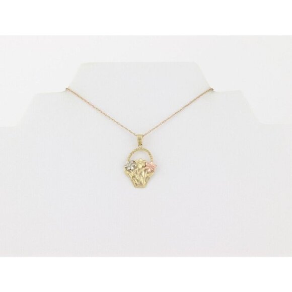 10k Yellow Gold White Gold Rose Gold Flower Basket Necklace 18" Chain - Picture 6 of 7